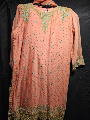 Party Wear - 3 PC Chiffon Dress - Peach - XXL