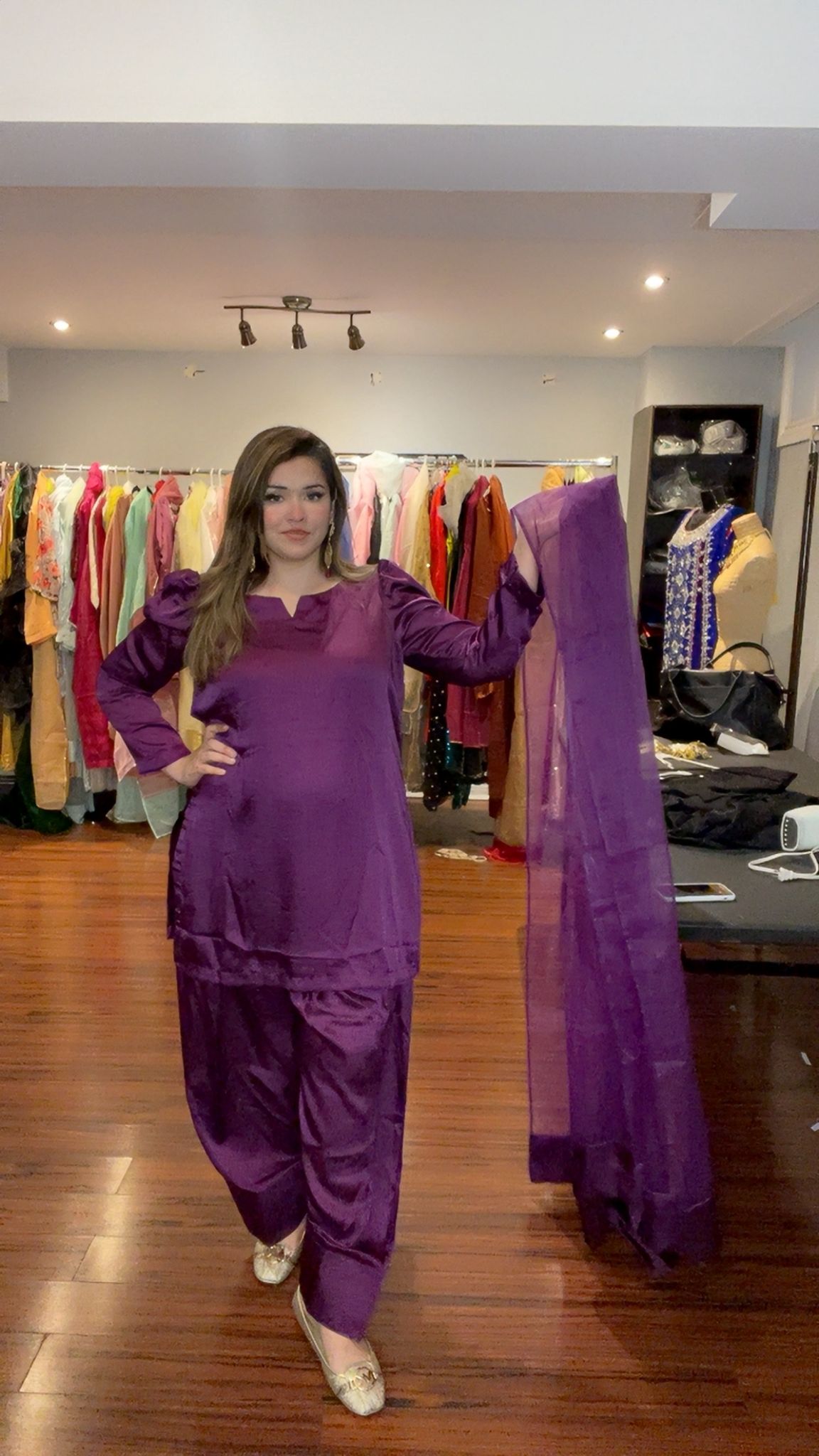 Plain suit 3 Piece Farshi Shalwar, Short silk shirt, Dupatta organza