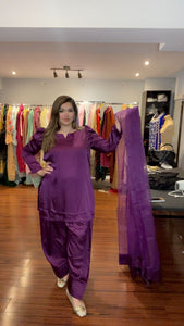 Plain suit 3 Piece Farshi Shalwar, Short silk shirt, Dupatta organza
