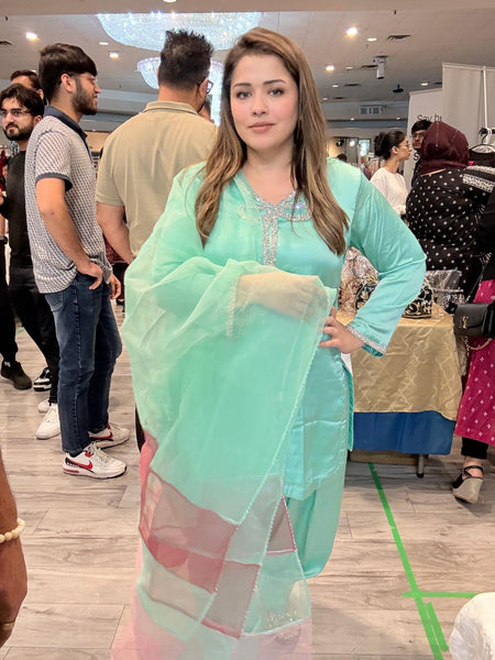 Fancy bowstyle gala with Farshi shalwar - dupatta organza