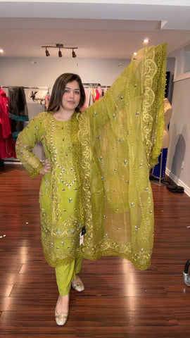 Shirt n dupatta Organza - Cutwork machine embroidery - Inner n trouzer malai