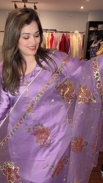 Shirt and trouser short silk fabric - dupatta organza fancy printed - Neck line fancy