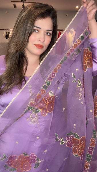 Shirt and trouser short silk fabric - dupatta organza fancy printed - Neck line fancy