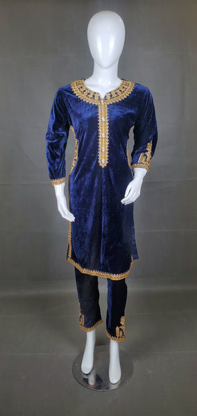- 3PC Velvet Dress with Embroidery - Blue