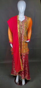 4PC Banarsi Chiffon Dress with Dhaka Pajama - Orage/Pink