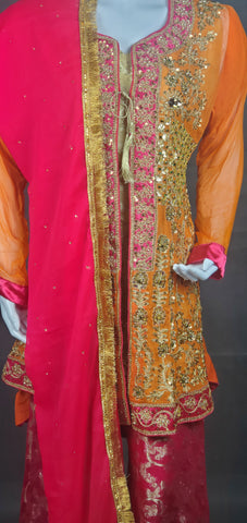 4PC Banarsi Chiffon Dress with Dhaka Pajama - Orage/Pink