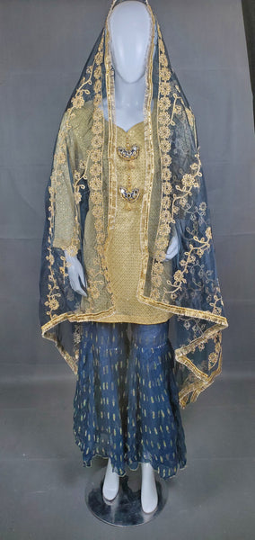 3PC Ghararah dress on chiffon fabric with sequence work - Blue