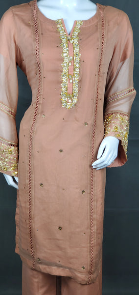 3PC Dress on Chiffon with Gota Embroidery - Peach