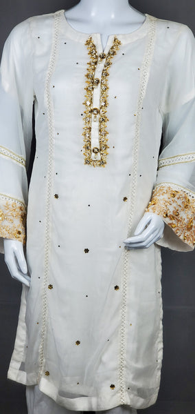 3PC Dress on Chiffon with Gota Embroidery - White/Gold