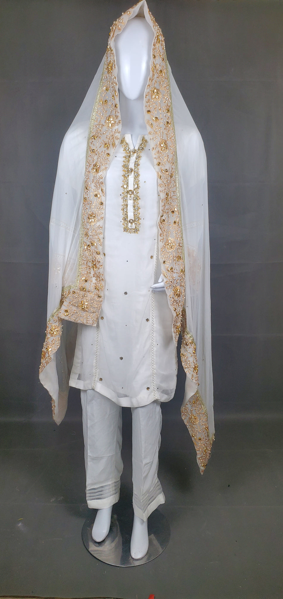 3PC Dress on Chiffon with Gota Embroidery - White/Gold