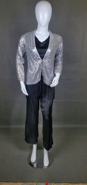 3PC Silk Suit with Sequence Coat - Black/Grey