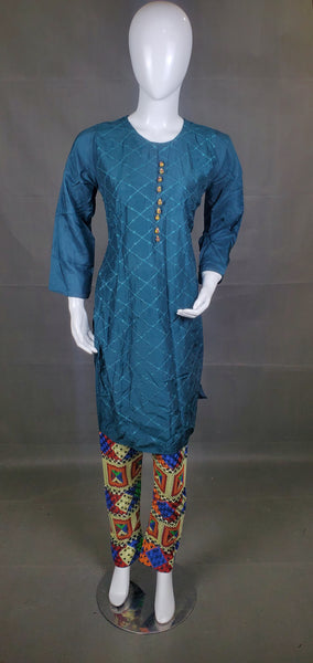 3PC Cotton silk dress with multi embroidery - Sea Green