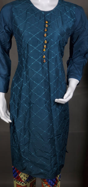 3PC Cotton silk dress with multi embroidery - Sea Green