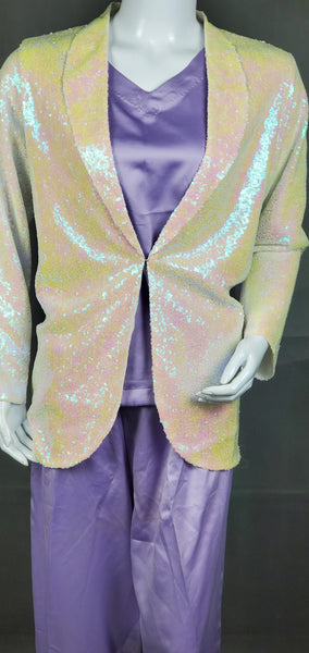 3PC Silk Suit with Sequence Coat - Purple/White