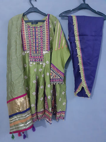 3pcs Cotton Lawn Frock with mirror embroidery