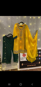 3PC Fancy Dress on Chiffon Fabric with Dhaka Pajama - Yellow